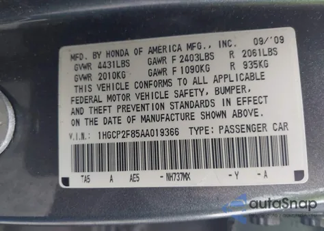 2010 Honda Accord 2.4 Ex-L z USA, uszkodzony, nr VIN 1HGCP2F85AA019366
